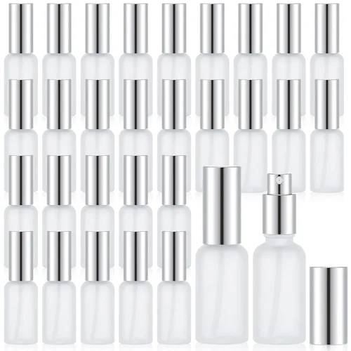 Vista 13 de Roshtia 30 botellas vacías decorativas transparentes de 0.33 onzas fluidas de color madera de haya con atomizador de perfume recargable, con bomba