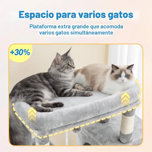Vista 3 de Hey-brother Torre de árbol para gatos, postes rascadores de sisal grande con plataforma grande, 3 amplios condominios, hamaca de felpa, juguete