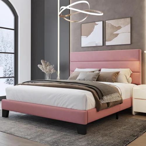 Vista 11 de WEEWAY Base de cama tamaño individual con cabecera tapizada de tela de lino y soporte de listones de madera, base de colchón resistente, no necesita