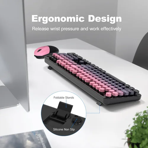 Vista 4 de Dilter Combo de teclado y mouse inalámbricos, teclado retro con teclas redondas, ergonómico de tamaño completo, ideal para PC con Windows, hogar
