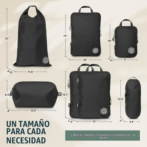 Vista 5 de TRIPPED Travel Gear Juego de 7 cubos de embalaje de compresión grandes para Negro