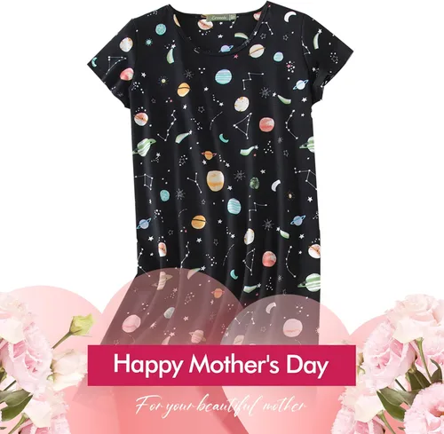 Vista 2 de Inadays Camisón de algodón para mujer, ropa de dormir de manga corta, camisón casual con estampado, pijama holgado y cómodo