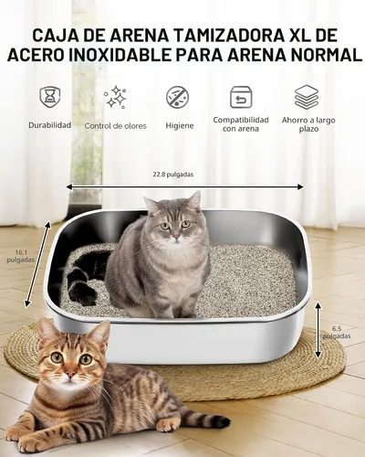 Vista 2 de Caja de arena tamizadora de acero inoxidable con tapa, bandeja de arena de metal con pala para gatos grandes y múltiples gatos, caja de arena