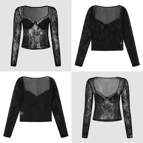 Vista 6 de Camiseta corta de manga larga para mujer, sexy, recortada, cuello halter, ajustada, Y2K