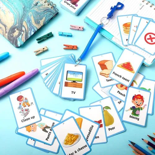 Vista 6 de Equsion 81 tarjetas de comunicación para autismo, tablero de comunicación no verbal, tarjetas para autismo con cordón de resorte de plástico
