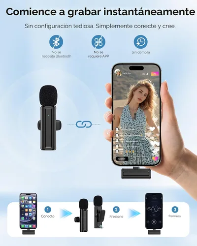 Vista 7 de Mini micrófono inalámbrico para iPhone, iPad, Android, paquete de 2 micrófonos Lavalier con clip giratorio de 360°, micrófono USB-C con reducción