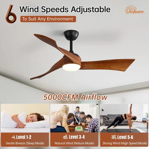 Vista 2 de Sofucor Ventilador de techo de 52 pulgadas con luz y control remoto, 3 aspas de madera maciza, motor de CC silencioso, 6 velocidades 5000 CFM, LED