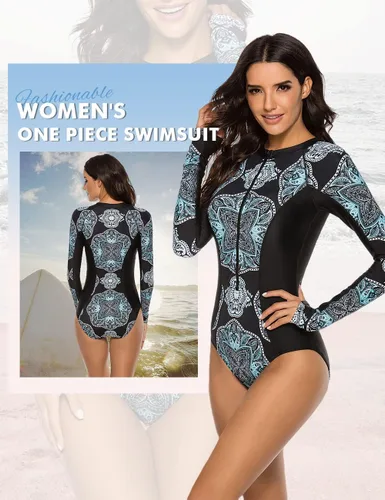 Vista 2 de SELINK Traje de baño de una pieza de manga larga para mujer, protección UV, con cremallera, estampado de surf