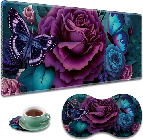 Vista 31 de Alfombrilla de mouse grande para juegos + reposamuñecas + posavasos combinados, 31.5 x 11.8 pulgadas, tapete de extensión antideslizante duradero