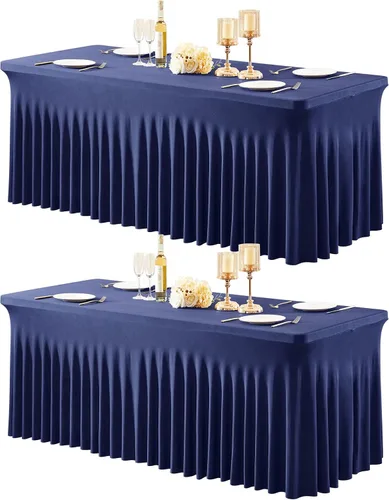 Vista 28 de Paquete de 2 manteles color azul bebé para mesa rectangular de 4 pies, manteles de elastano elásticos de 4 pies, falda blanca rectangular para baby