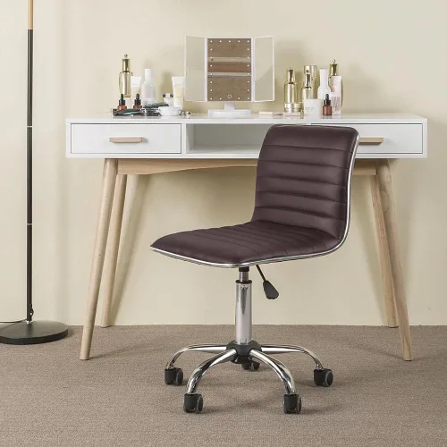 Vista 4 de Yaheetech Silla de oficina de trabajo moderna de cuero PU acanalada sin brazos, ajustable, respaldo bajo, cómoda silla de escritorio con ruedas