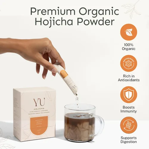 Vista 3 de Yu Tea - Té verde orgánico de Hojicha en polvo, 75 porciones, rico en antioxidantes y EGCG, té verde tostado japonés puro, alternativa baja