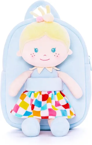 Vista 2 de Onetoo Mochila para niños pequeños con muñecas suaves en vestido a cuadros de 9.5 pulgadas
