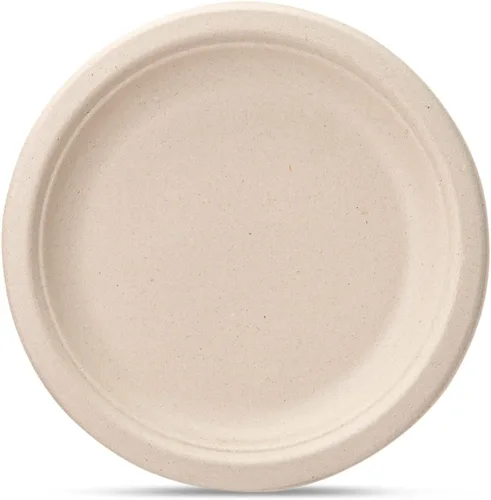 Vista 2 de GUSTO Platos de papel kraft resistentes de 7 pulgadas, 125 unidades, platos de caña de azúcar desechables 100% compostables y biodegradables, marrón