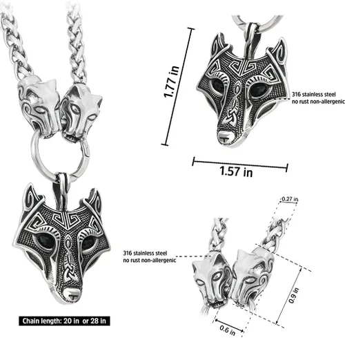 Vista 5 de BAVIPOWER Colgante de amuleto vikingo con cabeza de lobo grande, collar de cadena de acero inoxidable 316L, collar escandinavo nórdico auténtico