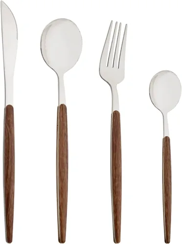 Vista 9 de Juego de cubiertos de 24 piezas de mango de madera, juego de cubiertos de acero inoxidable de madera, cuchillo de cena, tenedor, cucharadita