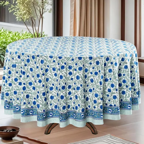 Vista 21 de Mantel redondo con estampado de bloque a mano, 100% algodón, reutilizable, turquesa, verde musgo, 90 pulgadas, mantel decorativo para uso diario