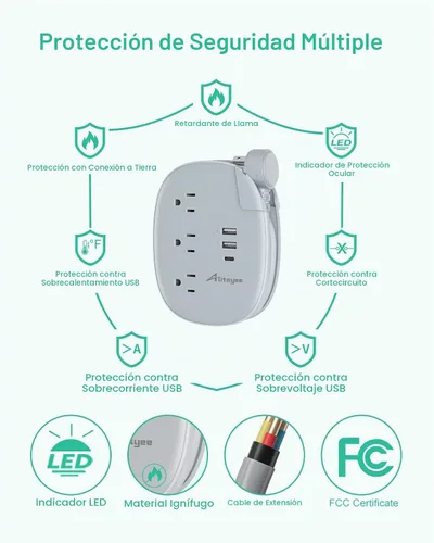 Vista 6 de Alitayee Regleta de alimentación de viaje portátil USB C con 3 tomas, 3 puertos USB, carga rápida, extensor de salida USB extensible con enchufe