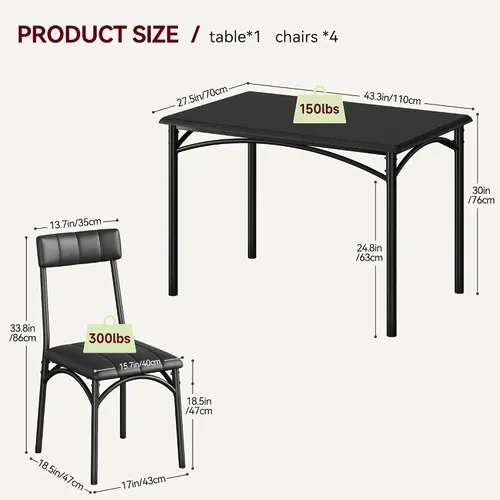 Vista 6 de Mesa de cocina y sillas para 4, juego de comedor rectangular con sillas tapizadas, perfecto para espacios pequeños, color negro rústico