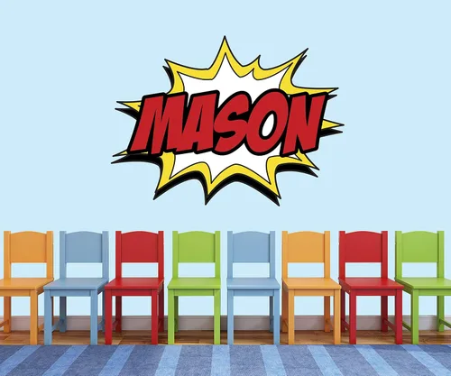 Vista 2 de Calcomanía de pared personalizada con nombre de cómic, calcomanías de pared de superhéroes, calcomanías de pared para guardería, mural de habitación