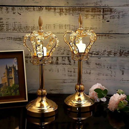 Vista 7 de OwnMy 2 portavelas de corona de cristal, portavelas de metal, candelabros votivos de cristal dorado, elegante portavelas para mesa de comedor, 14