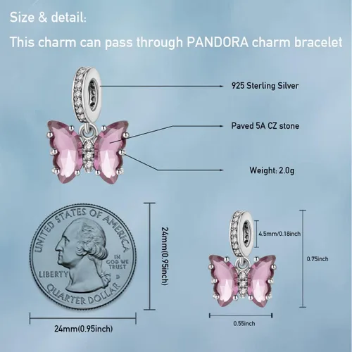 Vista 4 de Dijes de mariposa para pulseras, dijes colgantes de mariposa de plata de ley 925 para pulseras y collares con circonitas cúbicas multicolor 5A