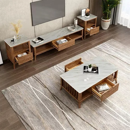 Vista 4 de Mesa auxiliar para sofá de sala de estar, mesa auxiliar de madera moderna con cajón y estante de almacenamiento, decoración rectangular elegante