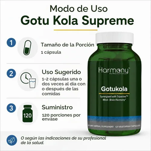Vista 4 de Harmony Nutraceuticals Gotu Kola Supreme, Centella asiática con Triperina, 120 Cápsulas Vegetarianas, Hecho en Estados Unidos