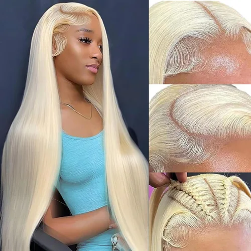 Vista 14 de Myecool Peluca de cabello humano con encaje frontal 613 de 26 pulgadas, 13 x 5, lacio, 613 HD, encaje frontal, cabello humano prearrancado, nudos