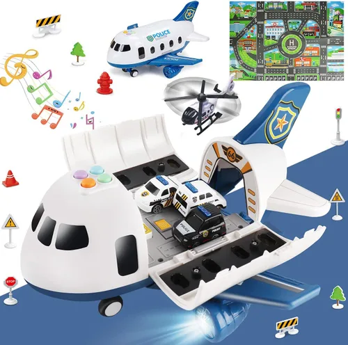 Vista 13 de Dwi Dowellin Juguete de avión rosa con 6 camiones y tapete de juego, avión con luces y sonidos para niños y niñas de 3, 4, 5, 6, 7 años
