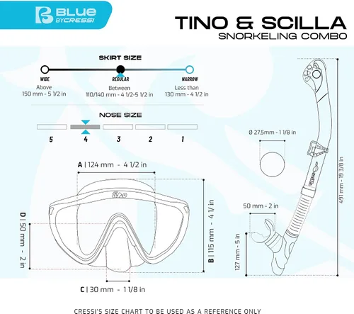 Vista 5 de CRESSI Máscara de esnórquel cómoda de una sola lente para adultos y snorkel seco - Tino & Scilla: Hecho en Italia