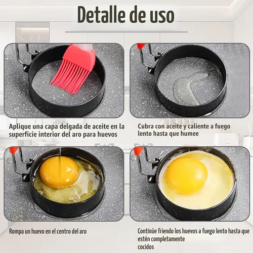 Vista 4 de Juego de 2 anillos de huevo con mango de silicona y cepillo, anillos de huevo antiadherentes en forma de corazón y círculo de 3.5 pulgadas