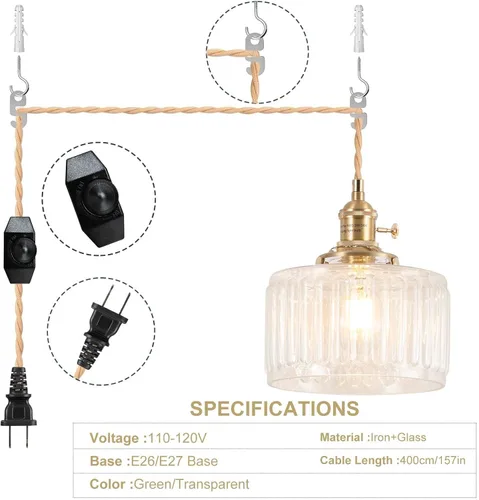 Vista 4 de Luminarias de Lámpara Colgante, Lámpara Colgante con Enchufe de Cristal de 6.6 Pulgadas, Lámpara Colgante de Cristal, Iluminación Colgante E26