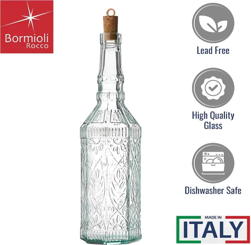 Vista 3 de Bormioli Rocco Juego de 2 botellas Country Home Fiesole de 24 onzas con tapa de corcho natural, cristal de estrella teñido azul-verde, diseño