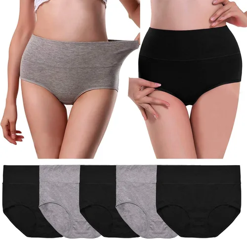 Vista 2 de UMMISS - Ropa interior de algodón de cintura alta para mujer, cobertura completa, suave, cómoda, multipack de braguitas Negro-gris-total
