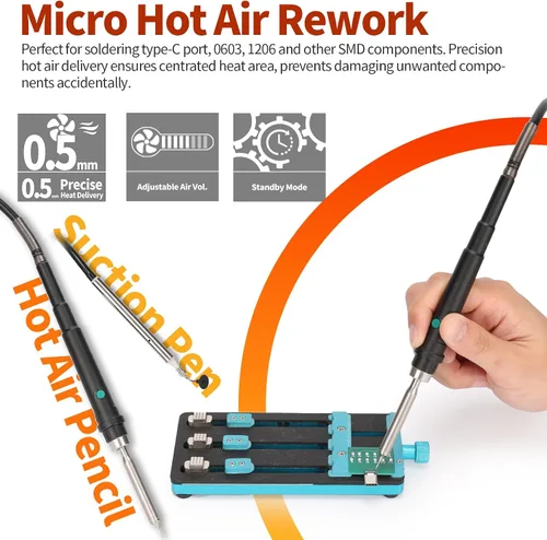 Vista 4 de YIHUA 948D V Estación de Retrabajo de Aire Caliente Micro Soldadura 5 en 1 con Herramienta de Microsoldadura C210, Pinza de Soldadura de Aire
