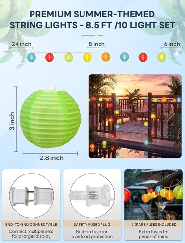 Vista 2 de Guirnalda de luces multicolor para exteriores, tira de luces de patio de 8.5 pies con 10 mini linternas colgantes, luces decorativas impermeables