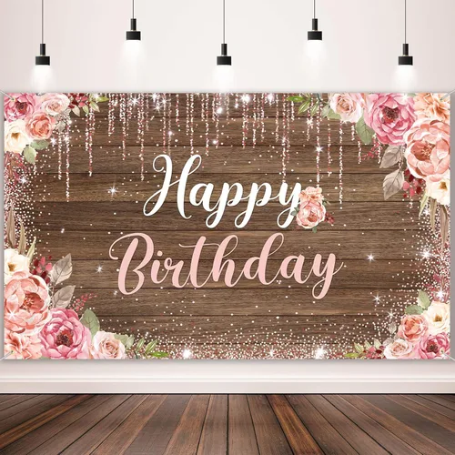 Vista 8 de Decoraciones de fondo de feliz cumpleaños para mujeres, suministros de fiesta, telón de fondo de rosa, fotografía para niñas y niños, pancarta