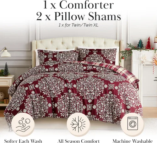 Vista 4 de Southshore Fine Living, Inc. Juego de edredón de Navidad de tamaño individual con funda de almohada, juego de ropa de cama reversible de Navidad a