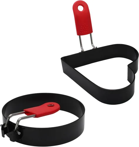Vista 2 de Juego de 2 anillos de huevo con mango de silicona y cepillo, anillos de huevo antiadherentes en forma de corazón y círculo de 3.5 pulgadas