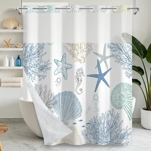 Vista 39 de No Hook Geometric Shower Curtain with Snap in Liner - 71″W x 74″L Waterproof Fabric with Mesh Top Window, Modern Abstract Triangle Design Bath