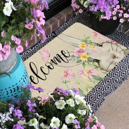 Vista 6 de Tapete antideslizante para puerta de Pascua, diseño de conejito de primavera, diseño floral para interiores y exteriores, para entrada, porche