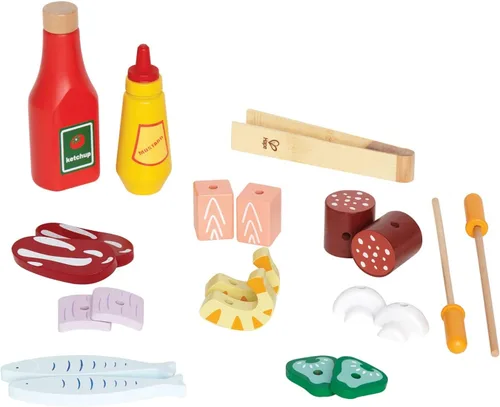 Vista 3 de Hape, Parrilla para barbacoa de juguete con set de comida de juguete para cocinar brochetas de madera con accesorios