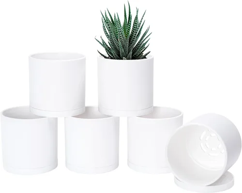 Vista 18 de D'vine Dev - Paquete de 2 macetas de plástico modernas de 4 pulgadas, pequeñas macetas de jardín para plantas con orificios de drenaje y platillos