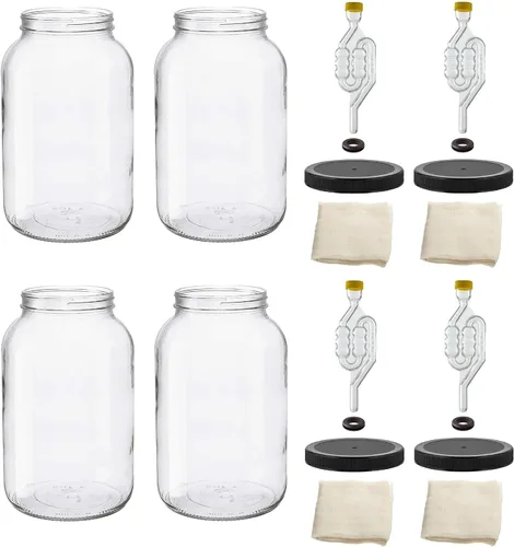 Vista 2 de North Mountain Supply Tarro de vidrio de boca ancha de 1 galón con tapa de plástico negro perforada, 6 burbujas y estopilla – Juego de 4 – Aprobado