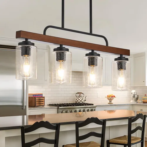 Vista 10 de Iluminación de madera para isla de cocina con pantalla de vidrio de leche, 4 luces Lámpara de comedor negra sobre mesa, lámpara lineal para isla