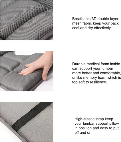 Vista 4 de Almohada de apoyo lumbar para automóvil, diseño ergonómico con 5 secciones ideal para conducción larga, funda de malla 3D transpirable y correa