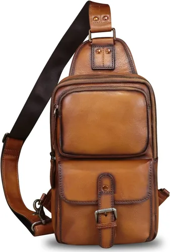 Vista 2 de LRTO Bolso bandolera de cuero genuino para motocicleta, hecho a mano, para senderismo, mochila de hombro retro, Marrón, Mochilas Sling