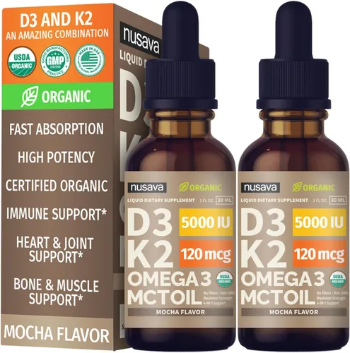 Vista 9 de Paquete de 2 gotas orgánicas de vitamina D3 K2 con aceite MCT y Omega 3 - Vitamina líquida D3 5000 UI - Suplemento de vitamina K2 D3 - Gotas