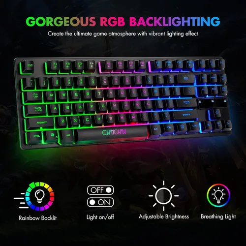 Vista 2 de CHONCHOW - Teclado compacto para juegos con cable USB de 87 teclas, teclado LED de arco iris, retroiluminado sin teclas, teclado TKL, teclado RGB